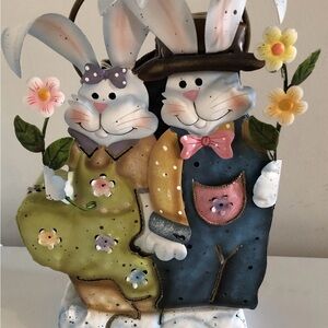 Vintage Home Interiors Whimsical Bunny Couple Tea Light Metal Tin Easter Spring🐣